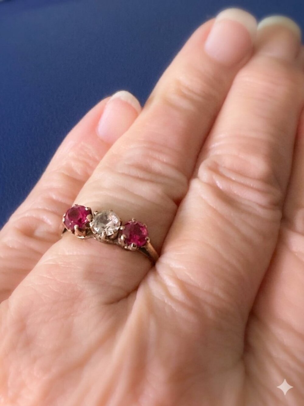 Vintage Signed Siffari 10K Gold Three-Stone Trilogy Ruby & White Sapphire Ring